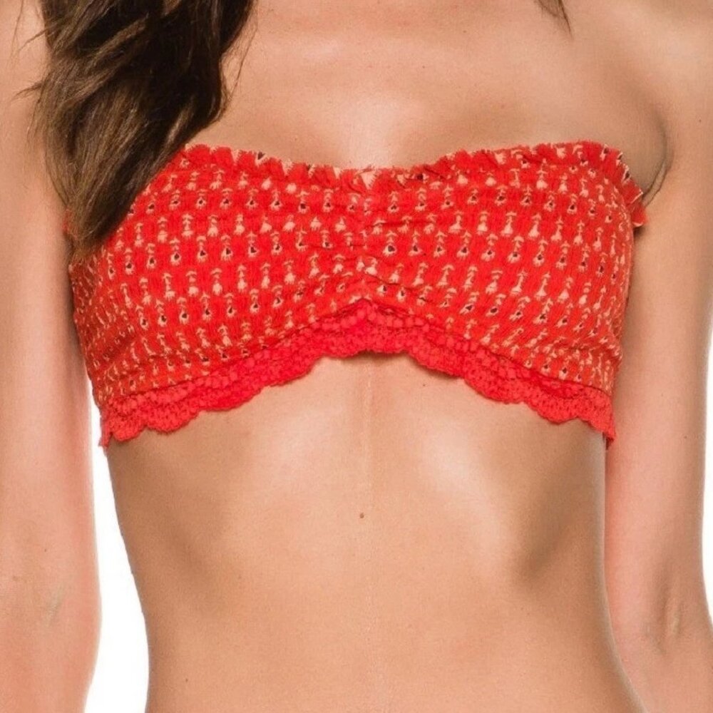 Free People Women's Cabana Printed Lace-Trim Bandeau Bralette, Fiesta Red, XS